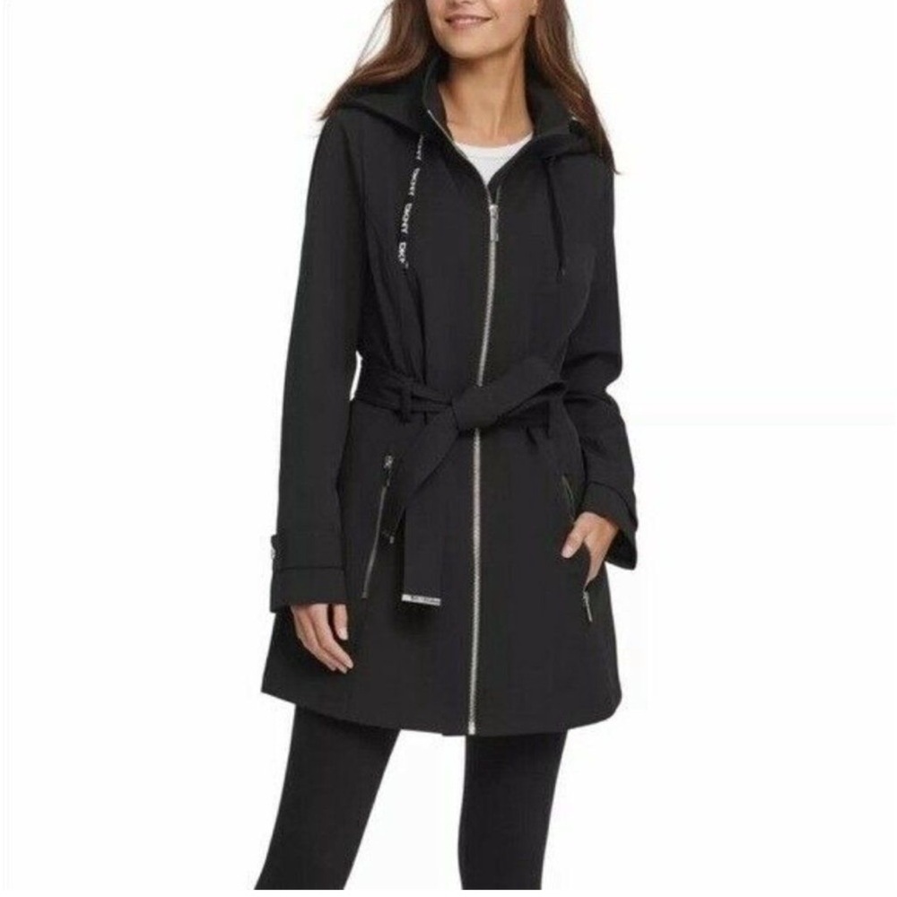 DKNY Black Hooded Belted Logo Raincoat Extra Small NWT
